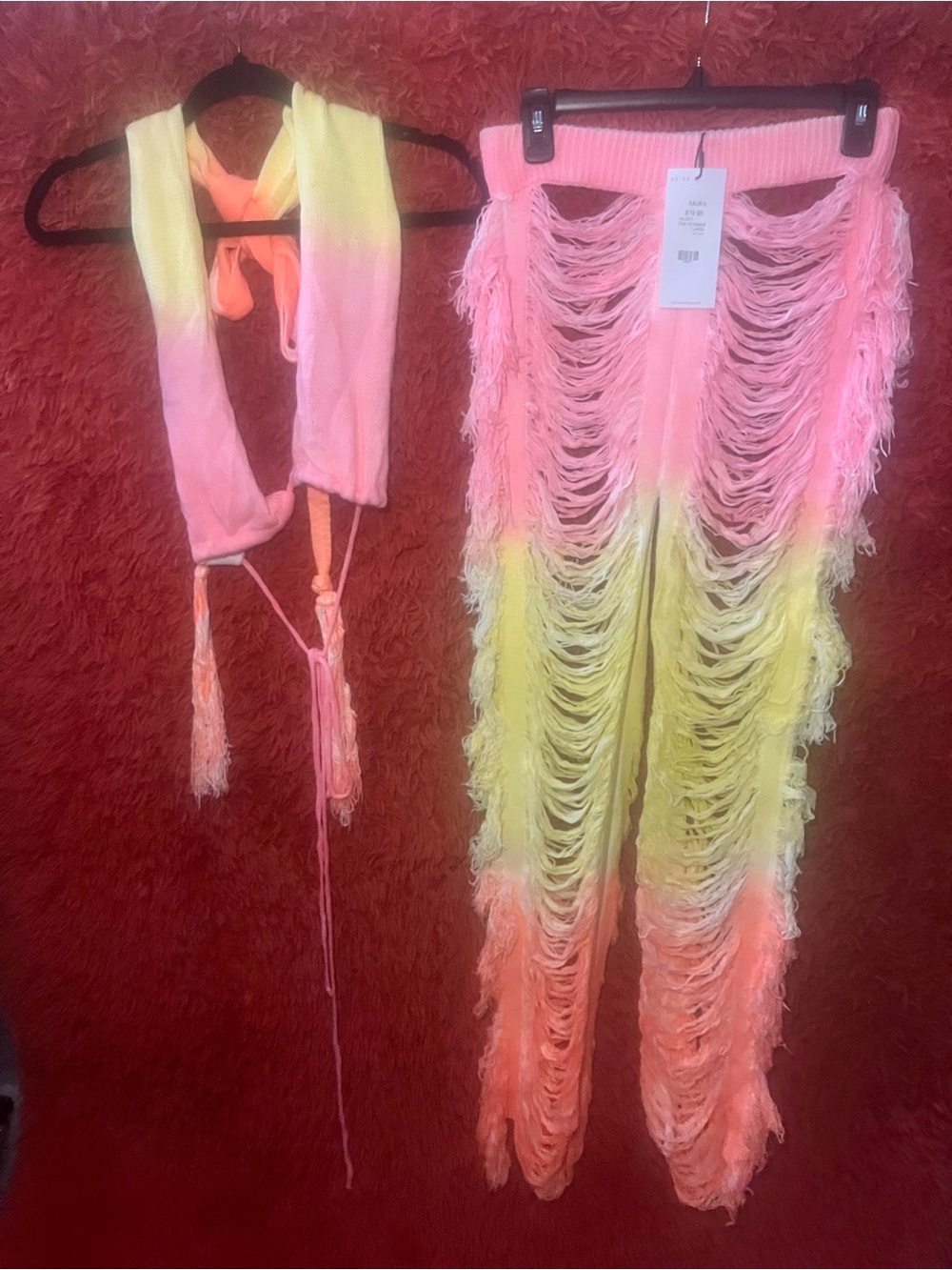 Akira Fringe Knit Ombre Pants and halter Bra Set - Pink & Yellow Size Large NWT